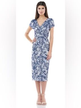 💛 NWT JS Collections Surplice Jacquard Blue Floral Midi Dress